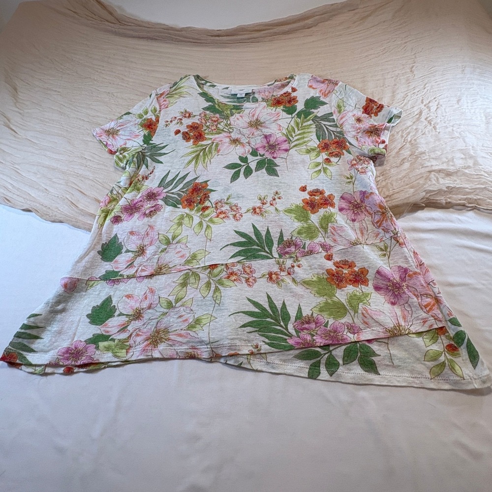 J.Jill Womens Multicolor floral 100% Linen Scoop neck Short Sleeve Top Size M
